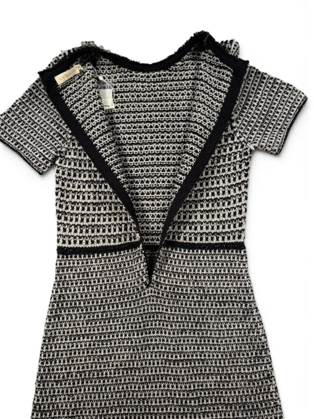 New Tory Burch Medium Embellished Fringe Tweed Dress Black White Silver